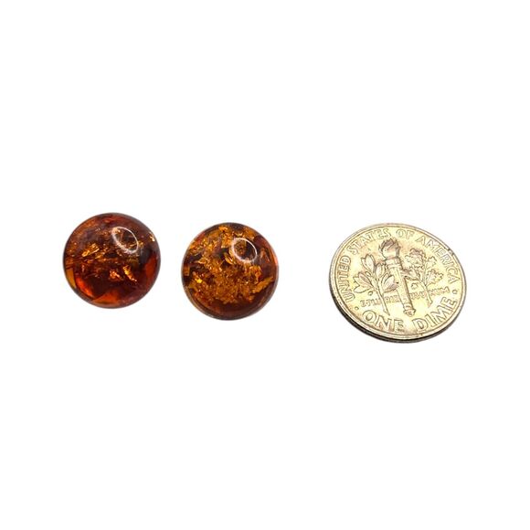 Small Round Amber Earrings Pierced Button Cabochon Design Silver Tone Setting - Picture 5 of 7